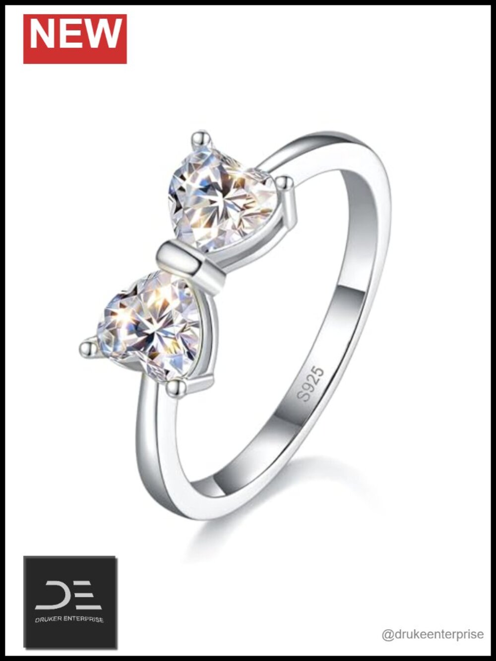 Moissanite Sterling Silver Bow Ring, 18K White Gold Plated, Stackable Promise